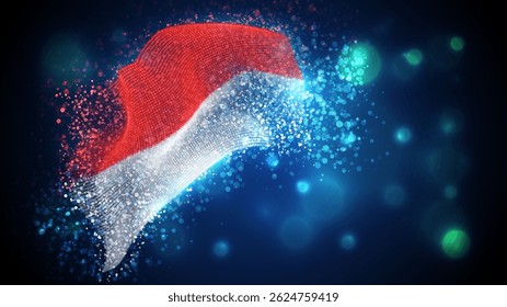 Indonesien, Monaco, Vektor 3D-Flagge mit Beleuchtung und Leuchtfackeln