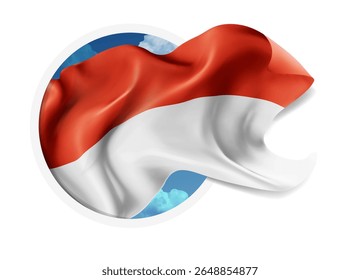 Indonesia, Monaco, vector 3d flag against a blue sky, through a round hole on a white background
