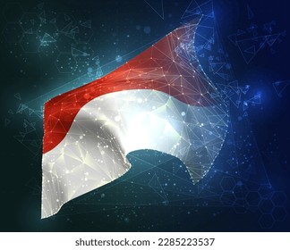 Indonesien, Monaco, Vektorflagge, virtuelles abstraktes 3D-Objekt aus dreieckigen Polygonen auf blauem Hintergrund