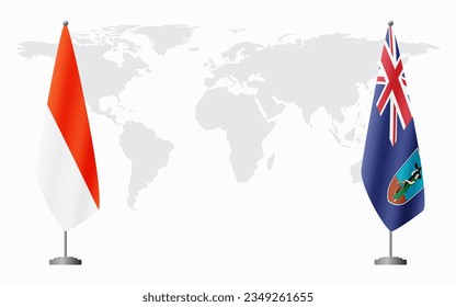 Indonesia and Montserrat flags for official meeting against background of world map.