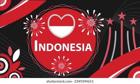 Indonesia national day vector geometric banner design with Indonesia flag theme colors, shapes, fireworks and typography. Indonesia celebration background.