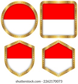 Indonesia National Flag Collection Set of Circular, Square, Shield, Hexagon Gold Border Logo Button Icon Vector Design Isolated on White Background