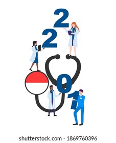 Indonesia national flag on a stethoscope with doctors and year 2021 on a white background. Postcard on the topic of fighting the epidemic. Health workers in the new year.