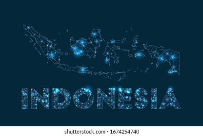 Indonesia network map. Abstract geometric map of the country. Internet connections and telecommunication design. Cool vector illustration.
