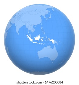 Indonesia on the globe. Earth centered at the location of the Republic of Indonesia. Map of Indonesia. Includes layer with capital cities.