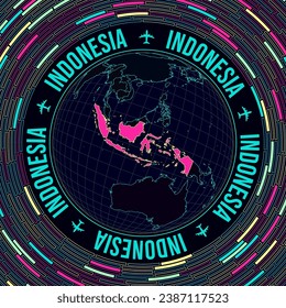 Indonesia on globe. Satelite view of the world centered to Indonesia. Bright neon style. Futuristic radial bricks background. Neat vector illustration.