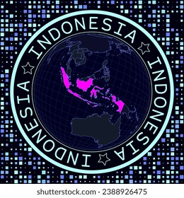 Indonesia on globe vector. Futuristic satelite view of the world centered to Indonesia. Geographical illustration with shape of country and squares background. Bright neon colors on dark background.