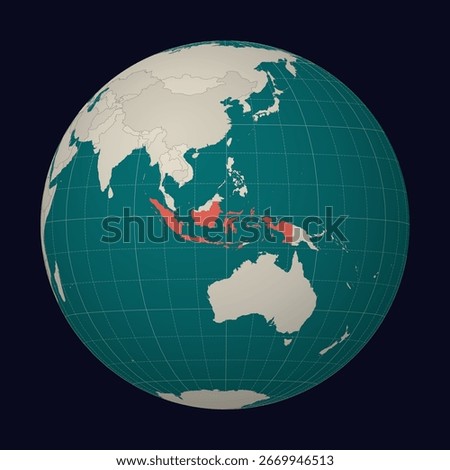 Indonesia on the map. Globe centered to Indonesia. Country location on the world map. Teal Pale Mint color palette. Globe with countries, meridians and parallels. Vibrant vector illustration.