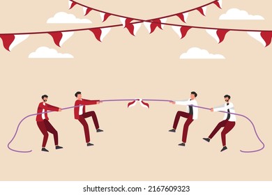 Indonesia people doing tug of war competition on Indonesia independence day. Indonesian Independence Day concept. Flat vector illustration isolated.
