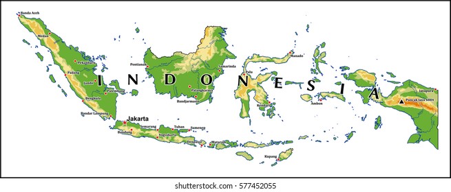 Indonesia physical vector map with main cities and rivers