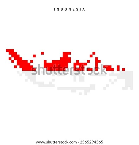 Indonesia pixel flag map icon. 8 bit pixel art Indonesian map covered with flag. Flat vector illustration isolated on white background.