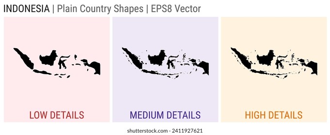 Indonesia - plain country shape. Low, medium and high detailed maps of Indonesia. EPS8 Vector illustration.