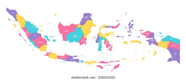 Indonesia political map of administrative divisions - provinces and special regions. Colorful vector map with labels.