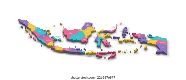 Indonesia political map of administrative divisions - provinces and special regions. Colorful 3D vector map with dropped shadow and country name labels.