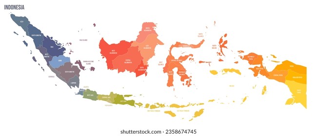 Indonesia political map of administrative divisions - provinces and special regions. Colorful spectrum political map with labels and country name.