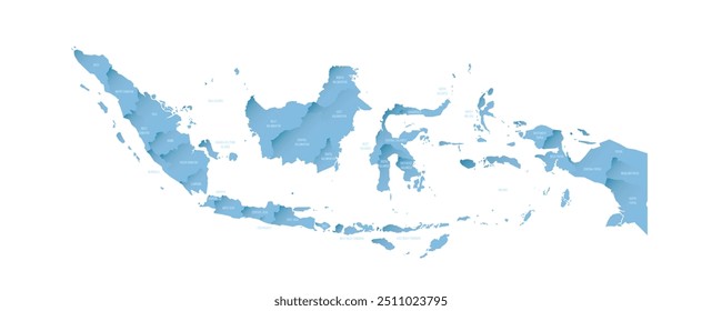 Indonésia mapa político de divisões administrativas - províncias e regiões especiais. Mapa de vetor sombreado com gradiente azul semelhante a 3D e rótulos de nome