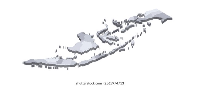 Indonesia political map of administrative divisions - provinces and special regions. 3D isometric blank vector map in shades of grey.