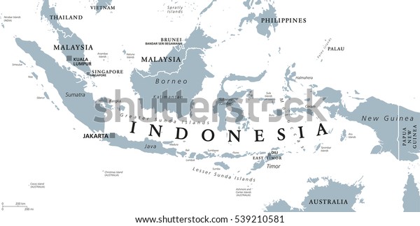 インドネシアの政治地図 と首都ジャカルタ 隣国のマレーシア シンガポール 東ティモール ブルネイ 首都 白い背景にグレイのイラストと英語のラベル ベクター画像 のベクター画像素材 ロイヤリティ フリー