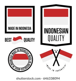 Indonesia quality isolated label set for goods. Exporting stamp with indonesian flag, nation manufacturer certificate element, country product vector emblem. Made in Indonesia badge collection.