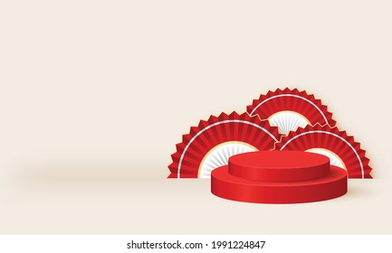 Podio indonesio sobre el tema rojo y blanco para el escaparate de productos. Escenario vectorial realista.