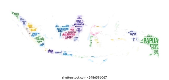 Indonesia region word cloud. Country shape design. Indonesia colored illustration. Region names collage cloud. Vector illustration.