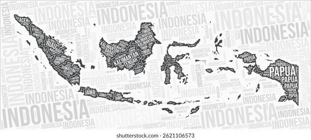 Indonesia regions map word cloud. Indonesia region names. Black and white map design. Stylish vector illustration.