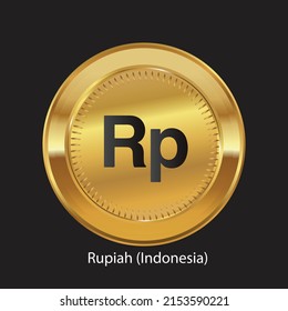 Indonesia Rupiah currency logo on golden coin.  vector illustration on Isolated black background. Suitable for print materials, web design, mobile app and infographics, poster, projects.