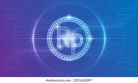 Indonesia Rupiah (IDR) Currency Symbol Futuristic Neon Glow Cybernetic Digital Circuit Cryptocurrency Backdrop Background Design Illustration