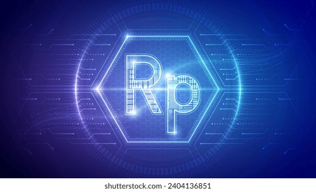 Indonesia Rupiah (IDR), Futuristic Currency Finance Symbol, Hologram Cybernetic Neon Glow Translucent Circuit Board Digital Technology Hexagon Block Backdrop Background