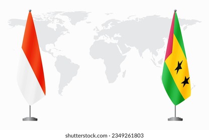 Indonesia and Sao Tome and Principe flags for official meeting against background of world map.