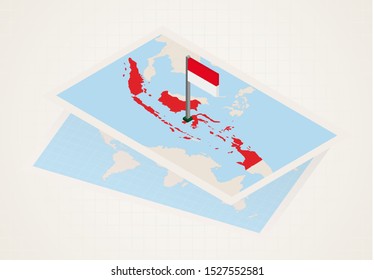 Indonesia selected on map with isometric flag of Indonesia. Vector paper map.