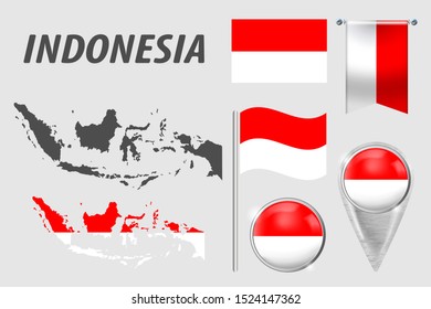 INDONESIA. Set of national infographics elements with various flags, detailed maps, pointer, button and different shapes badges. Patriotic 3d symbols for Sport, Patriotic, Travel, Design, Template.