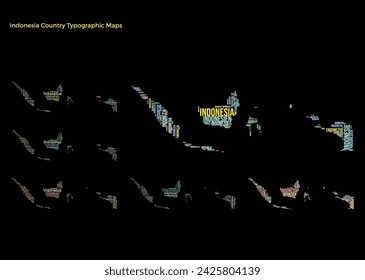 Indonesia. Set of typography style country illustrations. Indonesia map shape build of horizontal and vertical country names. Vector illustration.