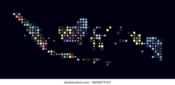 Indonesia, shape of the country built of colored cells. Digital style map of Indonesia on a dark background. Small size rounded square blocks. Abstract vector illustration.