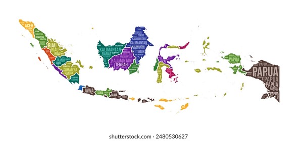 Indonesia shape. Country word cloud with region division. Indonesia colored illustration. Region names cloud. Vector illustration.