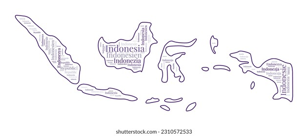 Indonesia shape filled with country name in many languages. Indonesia map in wordcloud style. Powerful vector illustration.