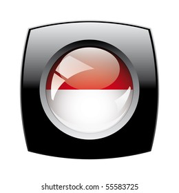 Indonesia shiny button flag with black frame -  vector illustration. Isolated abstract object against white background.