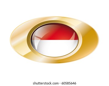 Indonesia shiny button flag with golden ring vector illustration. Isolated abstract object against white background.