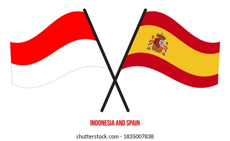 Indonesia and Spain Flags Crossed And Waving Flat Style. Official Proportion. Correct Colors.