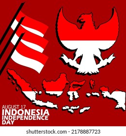 Indonesische Staatskarte und Flagge mit Garuda Indonesien Symbol und kühlem Text auf rotem Hintergrund zum Gedenken an Indonesien Unabhängigkeitstag am 17. August