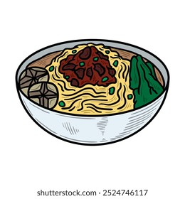 Ilustración de comida callejera de Indonesia coloreada - Mie Ayam