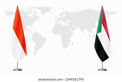 Indonesia and Sudan flags for official meeting against background of world map.