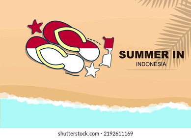 Indonesia summer holiday vector banner, beach vacation concept, flip flops sunglasses starfish on sand, copy space area, Indonesia summer travel and tourism idea with flag