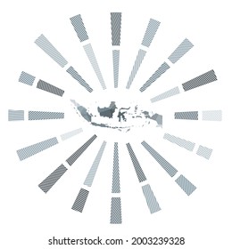 Indonesia sunburst. Low poly striped rays and map of the country. Classy vector illustration.
