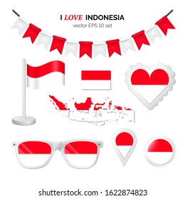 Indonesia symbols attributes. Heart, flags, glasses, buttons and garlands with civil and state Indonesia colors. Vector illustration for your graphic design.