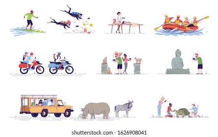 Indonesia tourism flat doodle illustrations set. Water activities. Rafting, surfing. Monkey forest. Safari trip. Summer vacation. Exotic country. 2D cartoon character with outline for commercial use