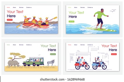 Indonesia tourism landing page vector template. Rafting. Surfing. Safari trip. Motorcycle riding. Website interface idea with flat illustrations. Homepage layout. Web banner, webpage cartoon concept