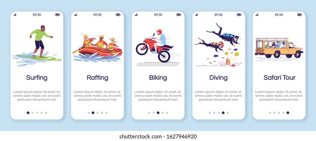Indonesia tourism onboarding mobile app screen vector template. Active pastime. Extreme activities. Walkthrough website steps with flat characters. UX, UI, GUI smartphone cartoon interface concept