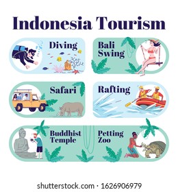 Indonesia tourism vector infographic template. Safari, diving, rafting. Petting zoo. Temple. Poster, booklet page concept design with flat illustrations. Advertising flyer, leaflet, info banner idea
