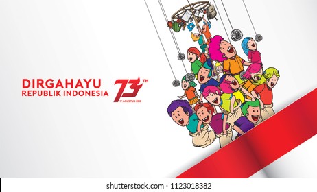 Indonesia traditional games during independence day, climbed the areca nut ,Crack feeding, racing inside bag happily. celebration of freedom